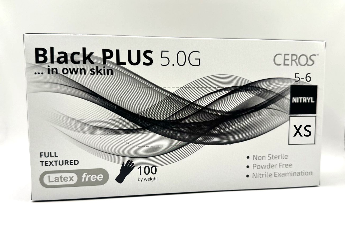 Рукавички нітрилові оглядові нестерильні неприпудрені CEROS Black PLUS 5.0G, XS